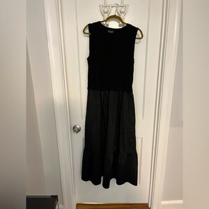 Black Mixed-Media Crewneck Midi-Dress